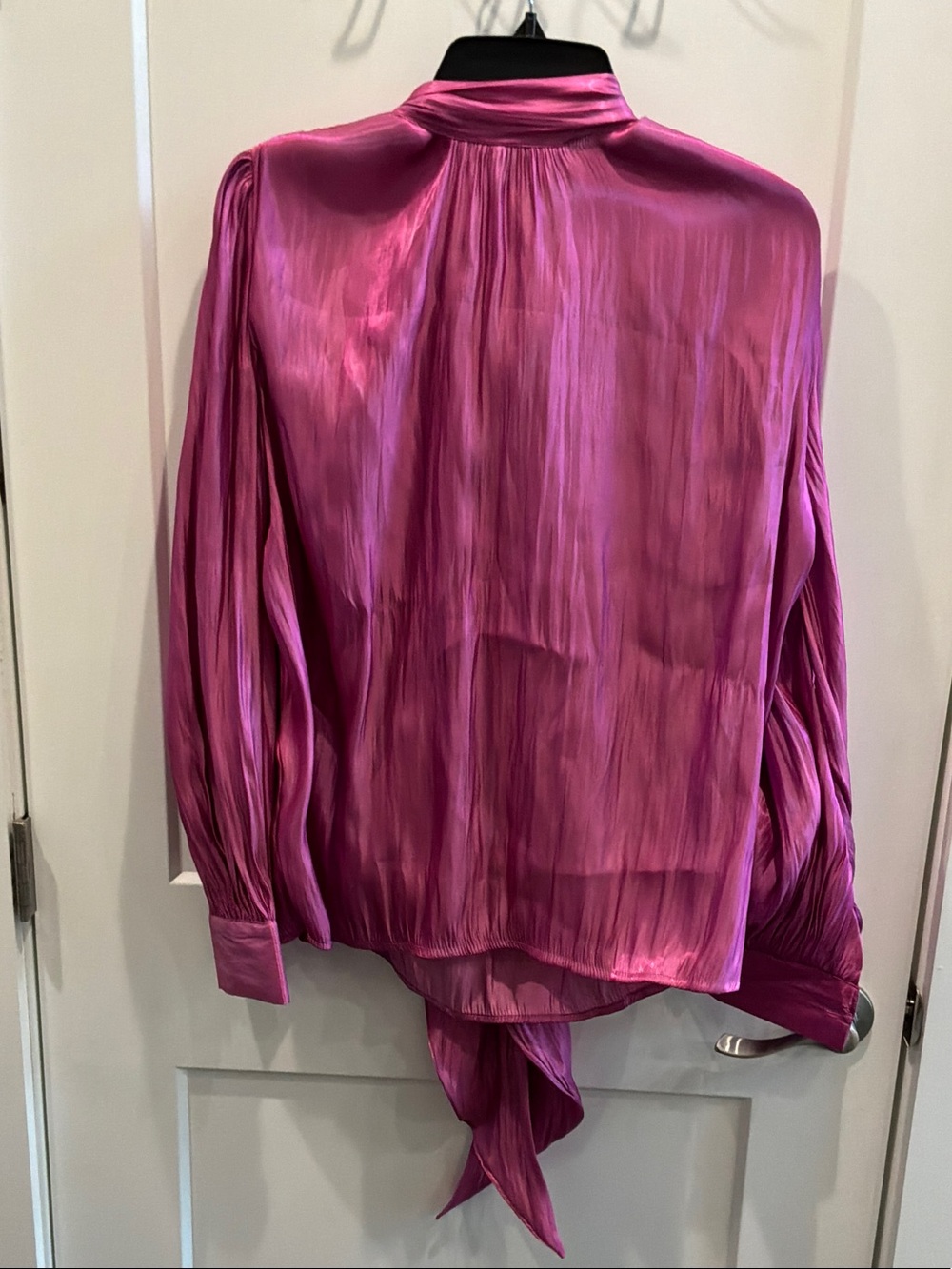 Iridescent Fuchsia Long-Sleeve Tie-Back Bow Blouse Large Shein Polyester